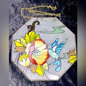 VTG Blue Bird Floral Octagon Shaped Stained Glass Wall Window Hanging Suncatcher